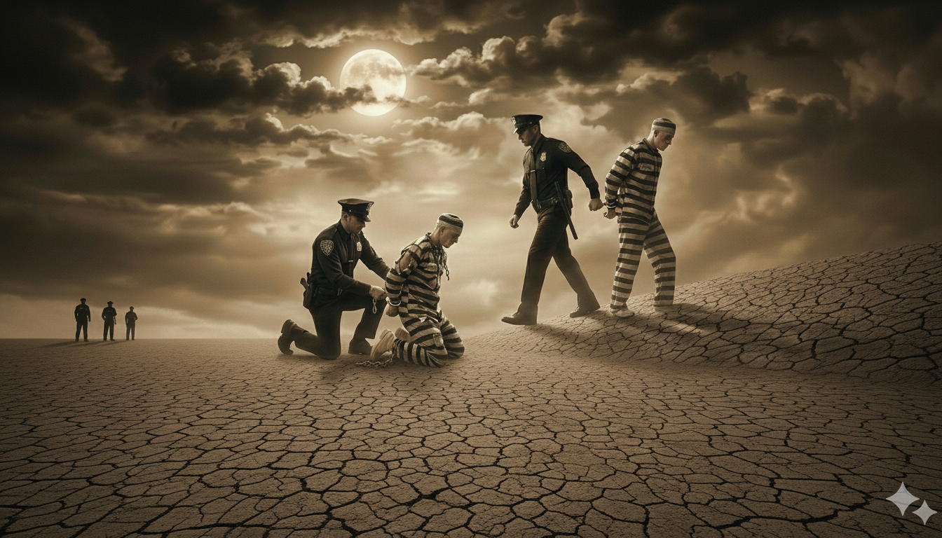 Stylised illustration — prisoners and officers on fracturing ground